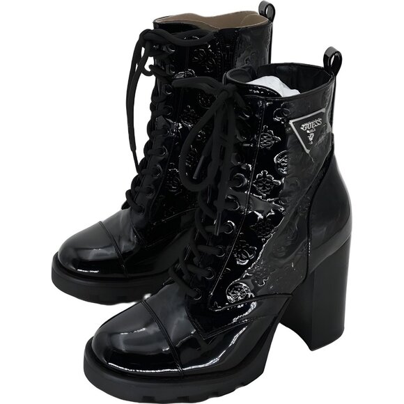GUESS Neadyn Lace-Up Heeled Bootie Black Patent Logo Women's US 6M - Picture 2 of 6